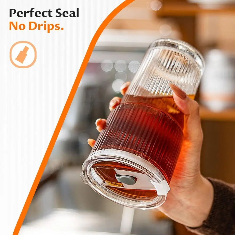 600Ml Glass Tumbler with Lid and Straw Transparent Glasses Drinkware with Straw Reusable Leakproof Stripe Glass Cup