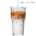600Ml Glass Tumbler with Lid and Straw Transparent Glasses Drinkware with Straw Reusable Leakproof Stripe Glass Cup
