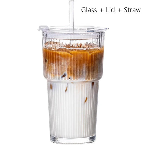 600Ml Glass Tumbler with Lid and Straw Transparent Glasses Drinkware with Straw Reusable Leakproof Stripe Glass Cup