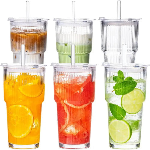 600Ml Glass Tumbler with Lid and Straw Transparent Glasses Drinkware with Straw Reusable Leakproof Stripe Glass Cup