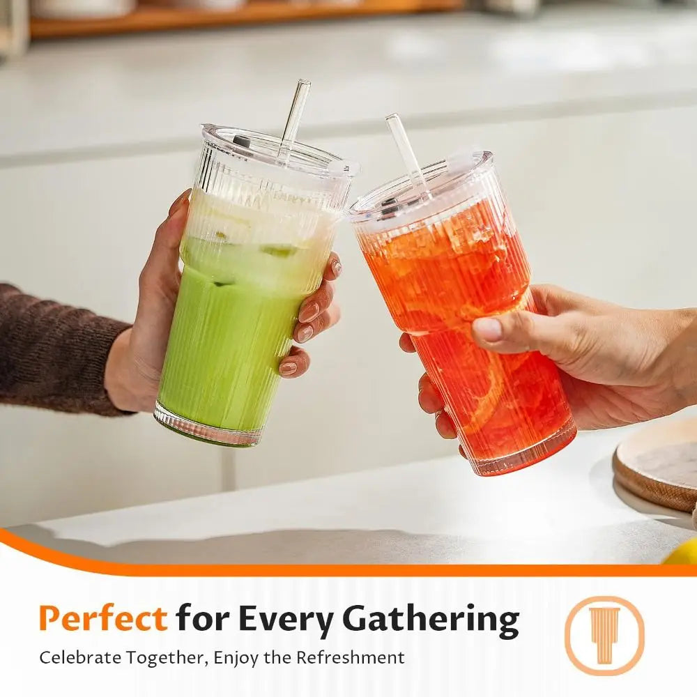 600Ml Glass Tumbler with Lid and Straw Transparent Glasses Drinkware with Straw Reusable Leakproof Stripe Glass Cup